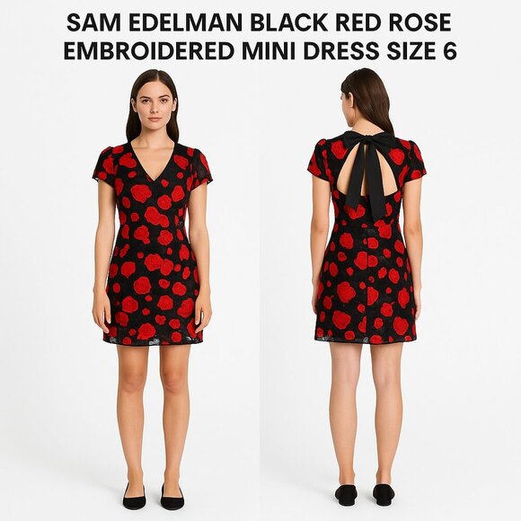 SAM EDELMAN BLACK RED ROSE EMBROIDERED MINI DRESS SIZE 6 - Picture 1 of 12